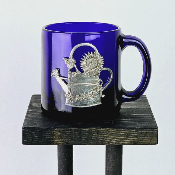 Vintage Cobalt Blue Pewter Flower Watering Pot Coffee Tea Hot Drink Mug, 10 Oz. - Picture 1 of 10